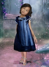 Romantic A-Line Bateau Hand Made Flowers and Ruffles Flower Girl Dress in Navy Blue