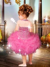 Romantic Ball Gown Halter Tea-length Beading Ruffles Yellow Little Girl Dresses