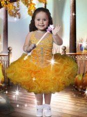 Romantic Ball Gown Halter Tea-length Beading Ruffles Yellow Little Girl Dresses