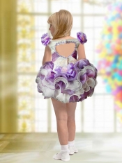 Romantic Ball Gown Mini-length Beading White and Purple Little Girl Dress with V-neck