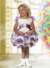 Romantic Ball Gown Mini-length Beading White and Purple Little Girl Dress with V-neck