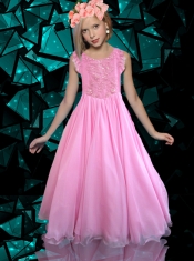 Rose Pink Scoop Backless Little Gril Pageant Dress with Appliques Hand Made Flowers