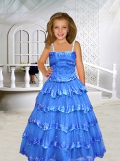 Royal Blue A-Line Spaghetti Straps Belt Little Gril Pageant Dress with Sequins
