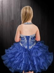 Royal Blue Halter Beading and Ruffles Ball Gown Mini-length Little Girl Dress for 2014