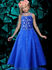 Royal Blue Straps Little Gril Pageant Dress with Appliques Sequins Decorate