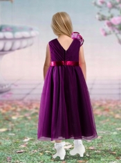 Sashes and Hand Made Flowers V-neck Tea-length Empire Flower Girl Dress in Dark Purple