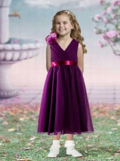 Sashes and Hand Made Flowers V-neck Tea-length Empire Flower Girl Dress in Dark Purple