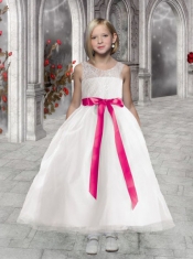 Scoop A-Line Appliques and Sashes Suitable White Flower Girl Dress for 201