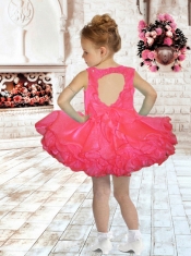 Scoop Short Mini-length Beading and Ruffles Little Girl Dress in Watermelon Red