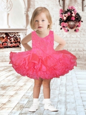 Scoop Short Mini-length Beading and Ruffles Little Girl Dress in Watermelon Red