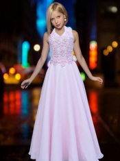 Simple A-line Aqua Blue Appliques Chiffon Little Gril Pageant Dress Halter