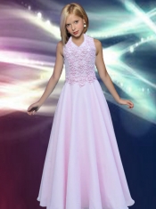 Simple A-line Aqua Blue Appliques Chiffon Little Gril Pageant Dress Halter