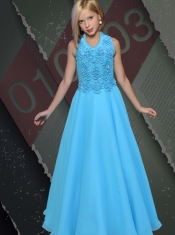 Simple A-line Aqua Blue Appliques Chiffon Little Gril Pageant Dress Halter