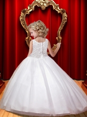 Simple Beading Square A-Line Floor-length Tulle Flower Girl Dress for 2014