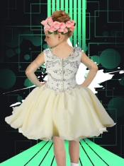 Simple V-neck A-Line Mini-length Little Girl Dress with Beading