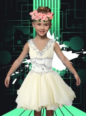 Simple V-neck A-Line Mini-length Little Girl Dress with Beading