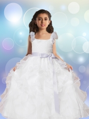 Square Sashes Floor-length 2014 Flower Girl Dress with Lace and Ruffles
