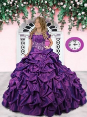 Strapless Purple Little Girl Pageant Dress with Appliques and Pick-ups for 2014