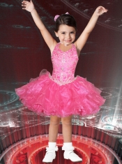 Sweet A-Line Halter Mini-length Beading Blue Little Girl Dress