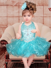 Sweet A-Line Halter Mini-length Beading Blue Little Girl Dress