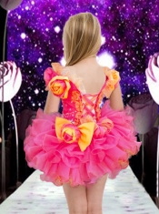Sweet Ball Gown Bateau Mini-length Hand Made Flowers Beading Hot Pink Little Girl Dress
