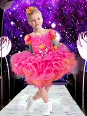 Sweet Ball Gown Bateau Mini-length Hand Made Flowers Beading Hot Pink Little Girl Dress