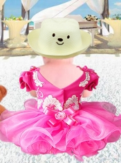 Sweet V-neck Mini-length Short Sleeves Little Girl Dress in Hot Pink