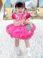 Sweet V-neck Mini-length Short Sleeves Little Girl Dress in Hot Pink