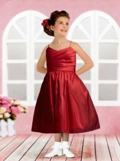 Taffeta Spaghetti Straps Tea-length Ruching Sophisticated Flower Girl Dress in Wine Red