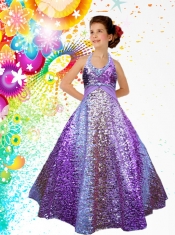 Unique A-Line Halter Floor-length Little Girl Pageant Dress with Paillette