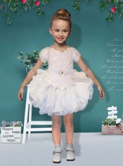 V-neck Appliques and Ruffles Short Sleeves Little Girl Dress for 2014