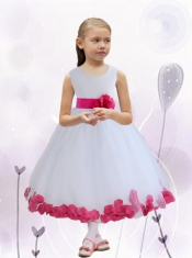 White and Blue Scoop Ball Gown Ankle-length Tulle Flower Girl Dress for 2014