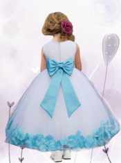 White and Blue Scoop Ball Gown Ankle-length Tulle Flower Girl Dress for 2014