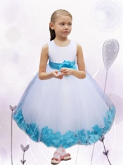 White and Blue Scoop Ball Gown Ankle-length Tulle Flower Girl Dress for 2014