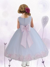 White and Blue Scoop Ball Gown Ankle-length Tulle Flower Girl Dress for 2014