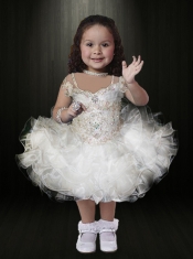 White Ball Gown Mini-length Beading Little Girl Dress with Off the Shoulder