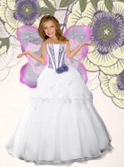 White Strapless Hand Made Flowers Organza Little Girl Pageant Dress