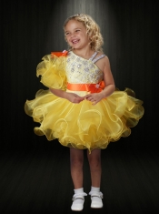 Yellow Sashes Asymmetrical Ball Gown Little Girl Dress with Beading and Ruffles