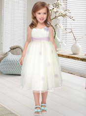 2014 A-Line Straps Sweet Belt Flower Girl Dress with Tea-length