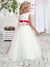 2014 Cheap A-Line Scoop Belt Flower Girl Dress with Tea-length