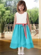 2014 Column Scoop Tea-length Flower Girl Dress with Ribbons