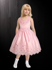 2014 Exclusive Pink V-neck Appliques Tea-length Flower Girl Dresses