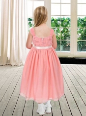 2014 Modest Square Ankle-length Watermelon Flower Girl Dress with Ribbons