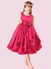 2014 Red A-Line Scoop Tea-length Bowknot Flower Girl Dresses