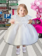 2014 White Ball Gown Scoop Tea-length Flower Girl Dresses with Appliques
