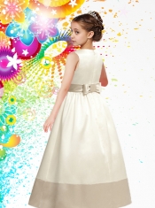 Champagne Scoop Floor-length Flower Girl Dress with Bowknot