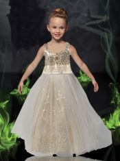 Champagne Straps Floor-length Paillette Flower Girl Dresses with A-Line
