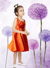 Cute A-Line Scoop Tea-length Ruching Flower Girl Dress in Orange for 2014