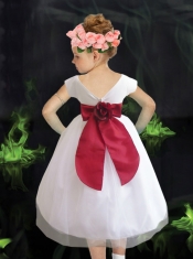 Elegant A-Line Bateau White Bowknot Flower Girl Dress with Short Sleeves 2014