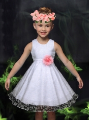 Fashionable A-Line Scoop Flower Girl Dress with Hand Made Flowers in White for 2014